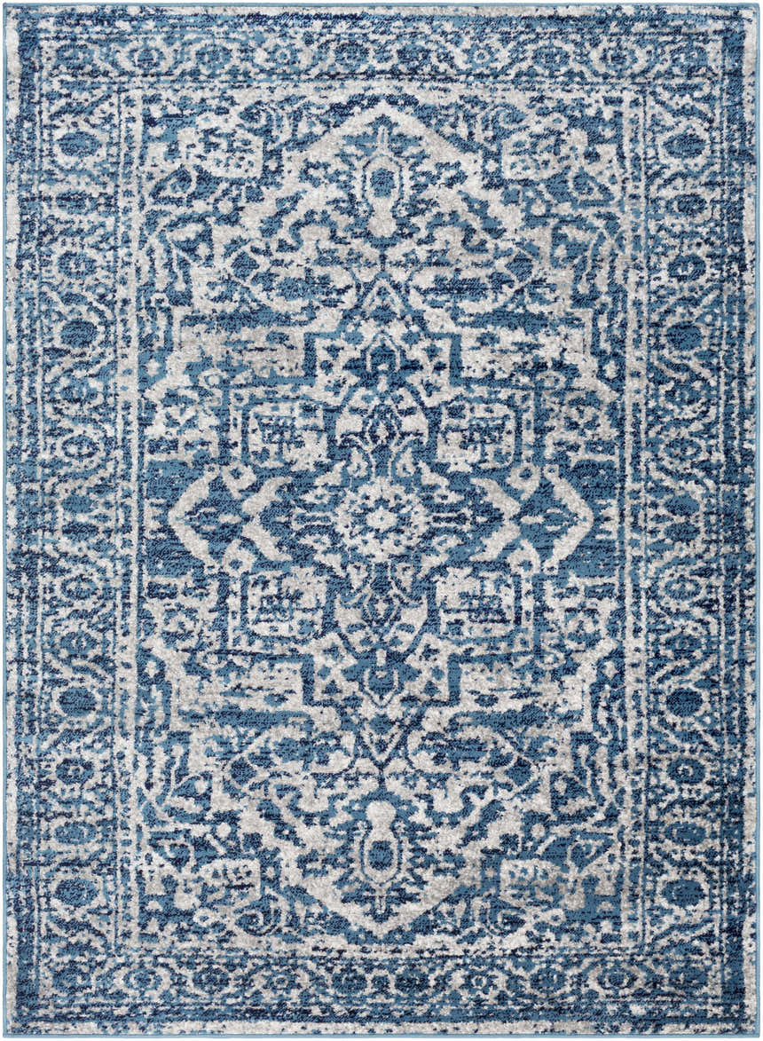 Close-up of the Wellsblue Traditional Rug, featuring a detailed blue, navy, light gray, and white vintage pattern. Design-Rectangle-5373
