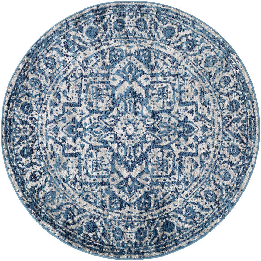 Close-up of a round Wellsblue Traditional Rug. Features a blue and light gray vintage-style pattern. Design-Round-53