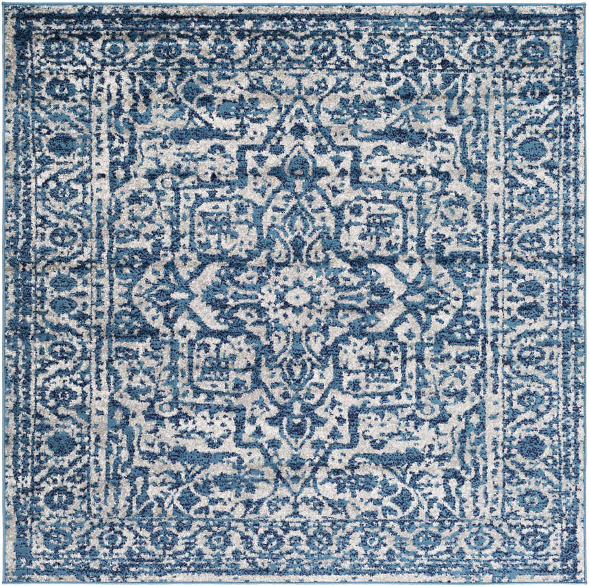 Close-up of the Wellsblue Traditional Rug with a detailed blue and light gray vintage-inspired pattern. Design-Square-67