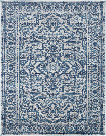 Detailed view of the Wellsblue Traditional Rug with a blue, navy, and light gray vintage-inspired pattern. Design-Rectangle-710103