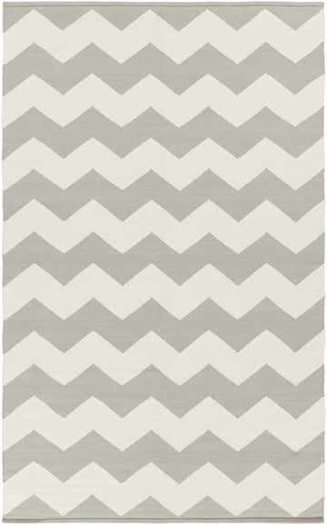 Close-up of the Walters Gray Zig Zag Cotton Rug, featuring an ivory and light gray chevron pattern. Hand woven texture. Design-Rectangle-58