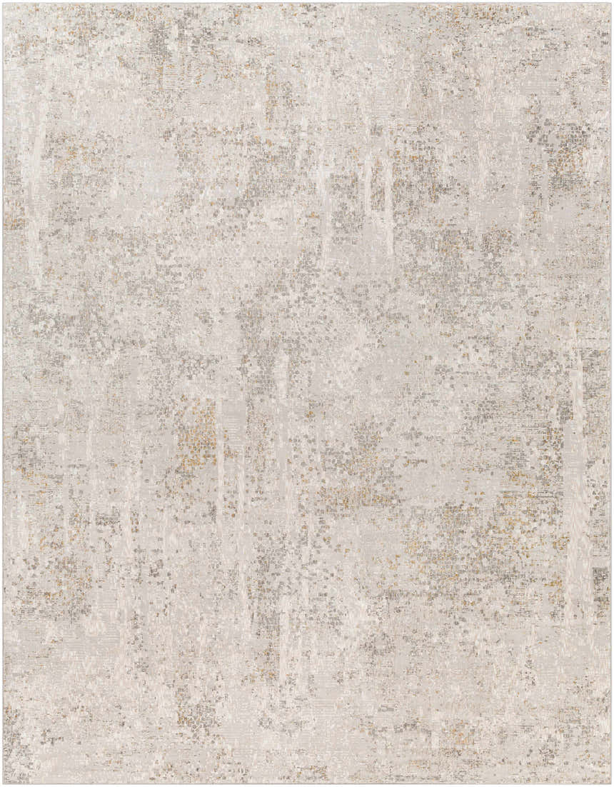 Close-up of the textured Windale rug. Abstract design in shades of off-white, gray, and mustard. Contemporary style. Design-Rectangle-71010