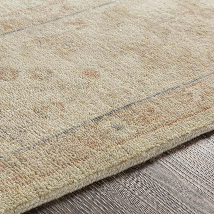 Close-up of the hand-knotted Wooroloo Area Rug. Beige wool rug with dusty pink, gray, and tan accents. Traditional design. Texture
