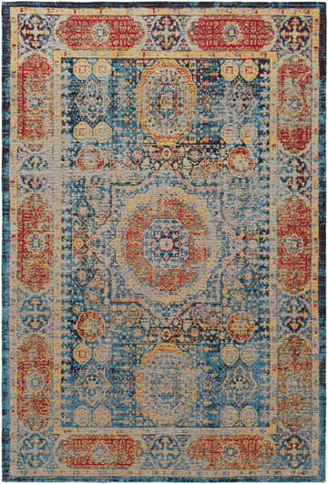 Close-up of Wrangell Blue/Red Damask Carpet. Bohemian style rug with red, blue, mustard, and gray traditional patterns. Design-Rectangle-576