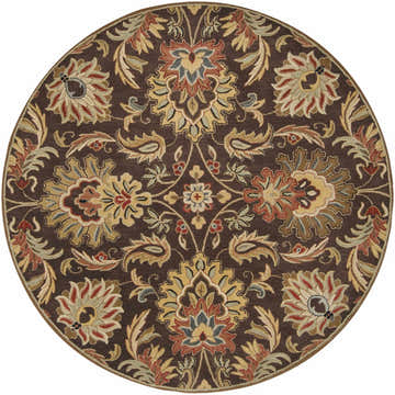 Detailed round Chesterton 1028 brown wool rug with floral and leaf pattern in brown, red, gold, and sage. Hand-tufted texture. Design-Round-8