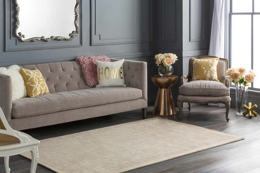 Living room scene with taupe Westbend Area Rug, gray walls, and neutral furniture. Roomscene-Rectangle