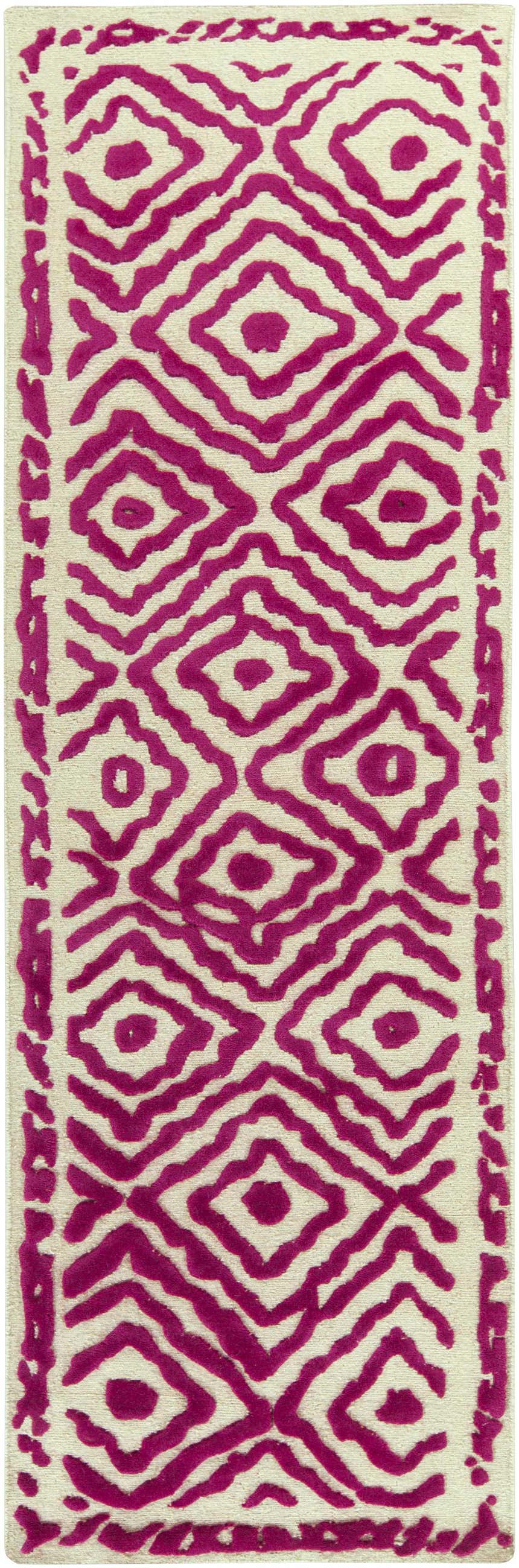 Close-up of the Westhill Area Carpet. Hand-knotted wool rug with a fuchsia geometric pattern on a light beige background. Design-Runner-268