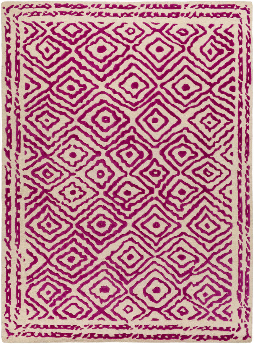 Close-up of Westhill Area Carpet. Hand-knotted wool rug with a fuchsia diamond pattern on a light beige background. Design-Rectangle-811