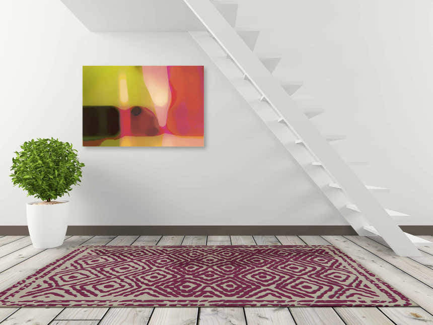 Entryway with Westhill Area Carpet. Fuchsia and beige rug with diamond pattern on wood floor, stairs, and modern art. Roomscene-Rectangle