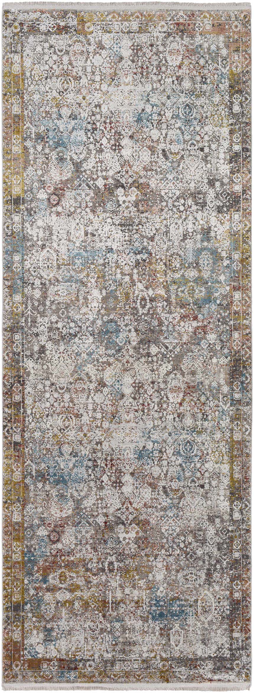 Detailed Witheridge Area Rug - Clearance with traditional floral pattern in blue, red, mustard, and gray hues. Design-Runner-38