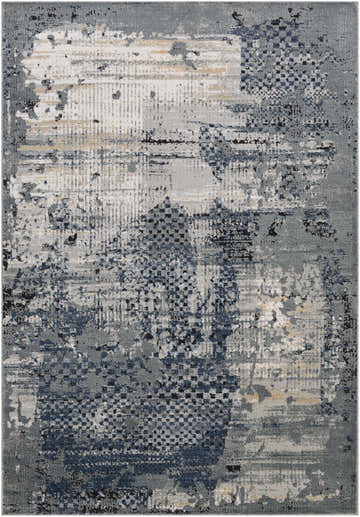 Close-up of the Waterboro Area Rug. Contemporary design in black, charcoal, blue, ivory, and gray. Machine woven texture. Design-Rectangle-5373