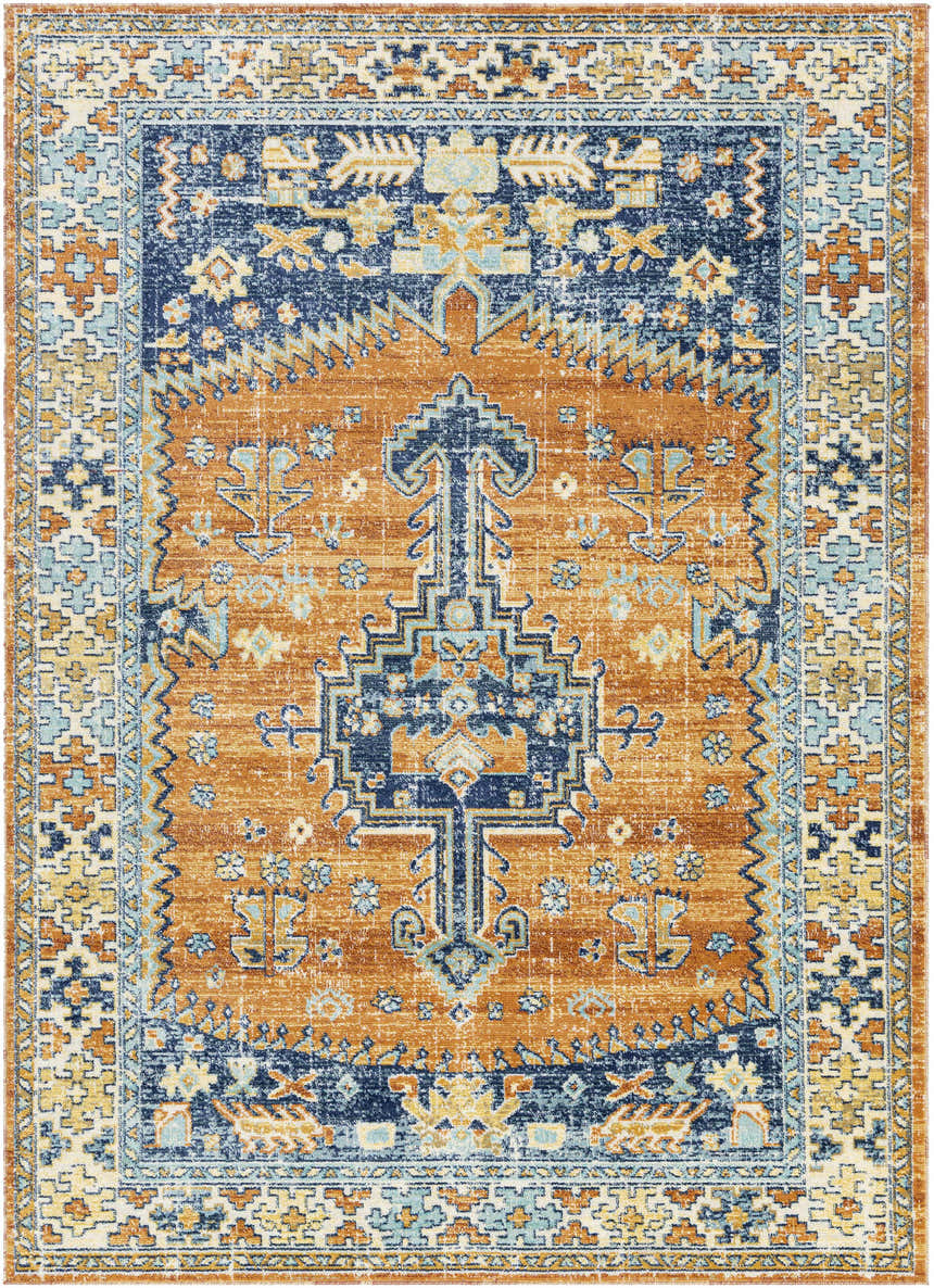 Close-up of Trotters Orange/Blue Performance Rug. Features a traditional, bohemian design with brick red, navy, and ivory colors. Design-Rectangle-5373