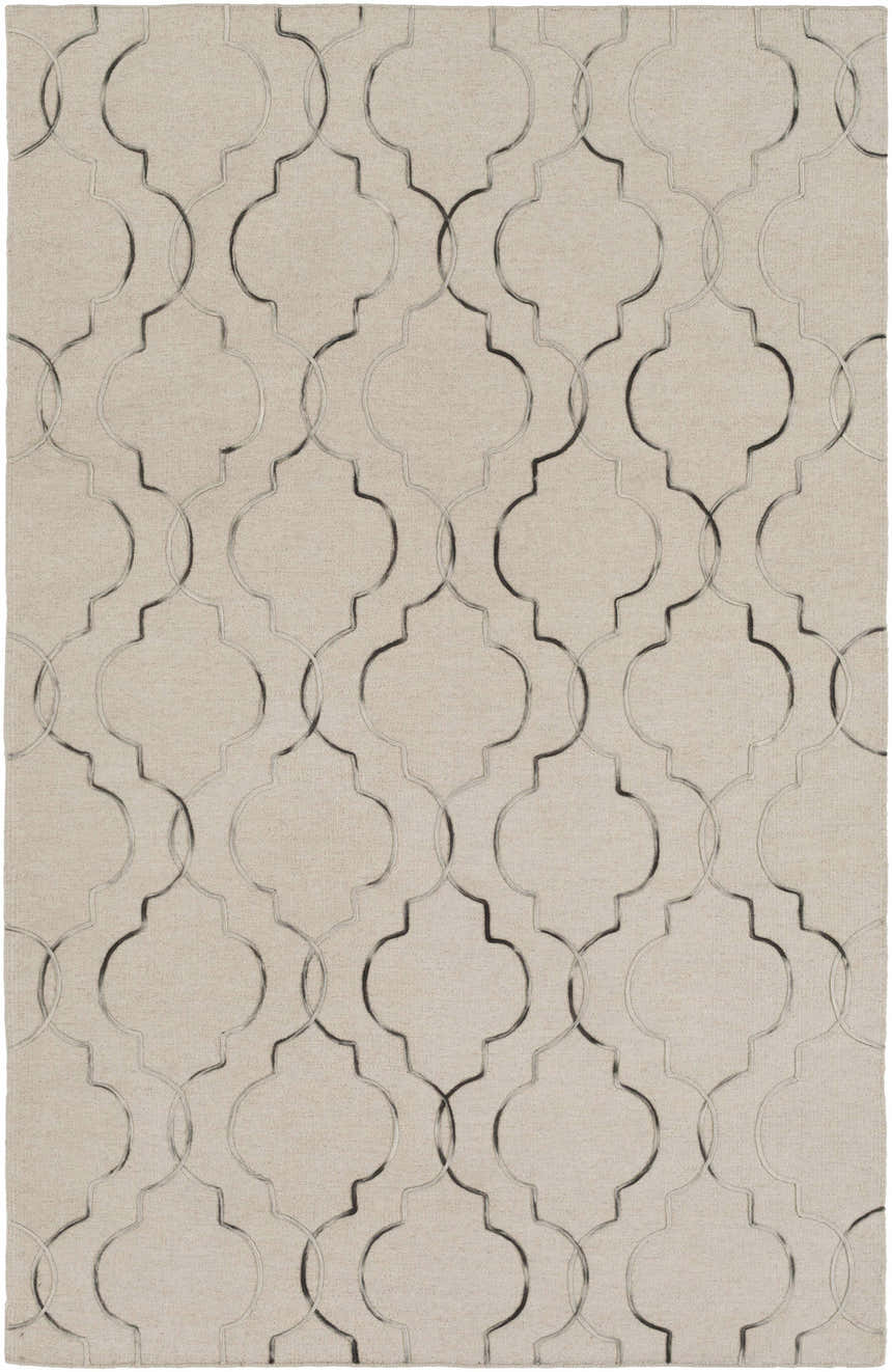Close-up of the Wycombe Area Carpet Area Rug. Taupe wool rug with a black and light gray geometric trellis pattern. Design-Rectangle