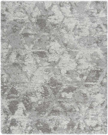 Close-up of the plush Wynant Gray Tones Rug, a machine woven shag rug with light gray, medium gray, and off white colors. Design-Rectangle-7996