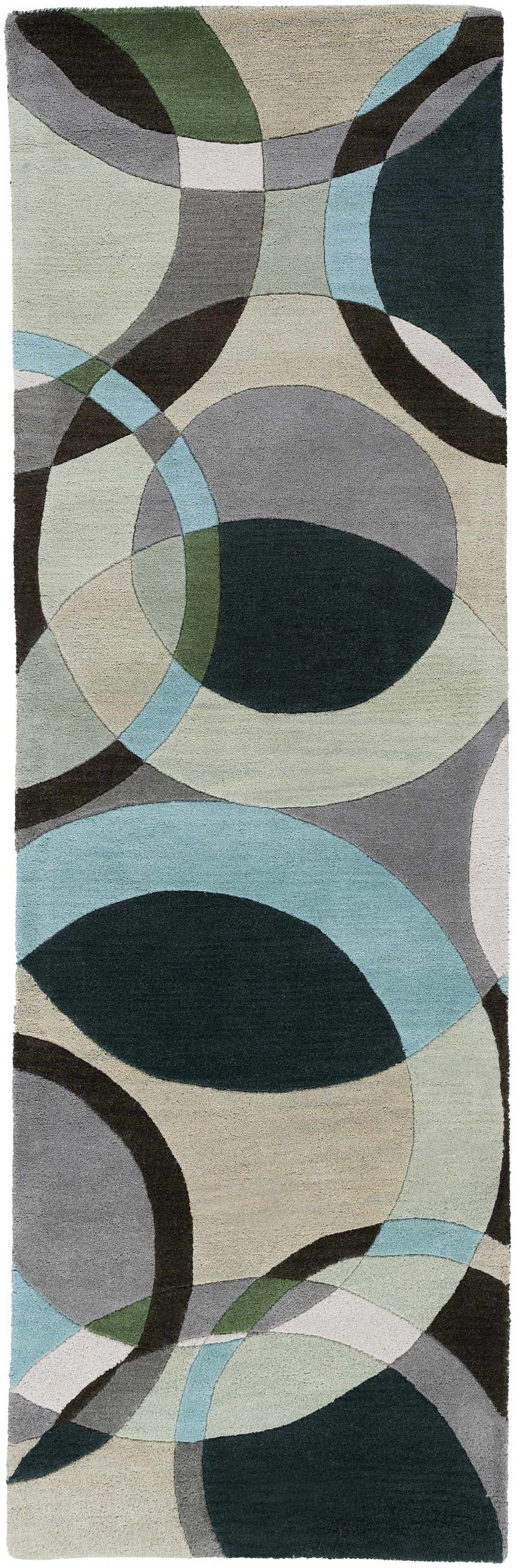Close-up of the Wyocena Wool Rug with a contemporary geometric pattern in aqua, gray, green, oatmeal, and navy. Design-Runner-268