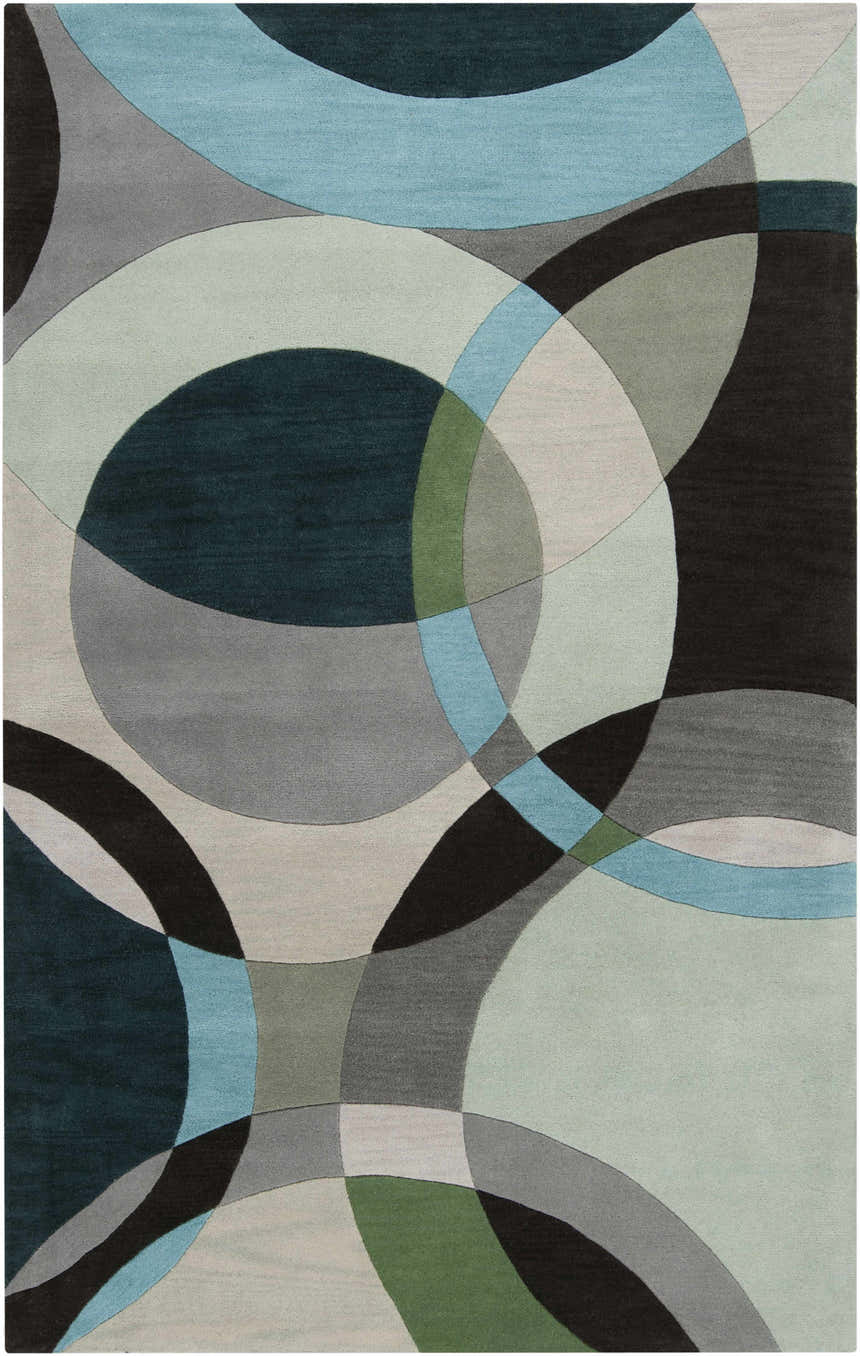 Close-up of the Wyocena Wool Rug. Contemporary design with overlapping circles in aqua, black, gray, and green tones. Design-Rectangle-58