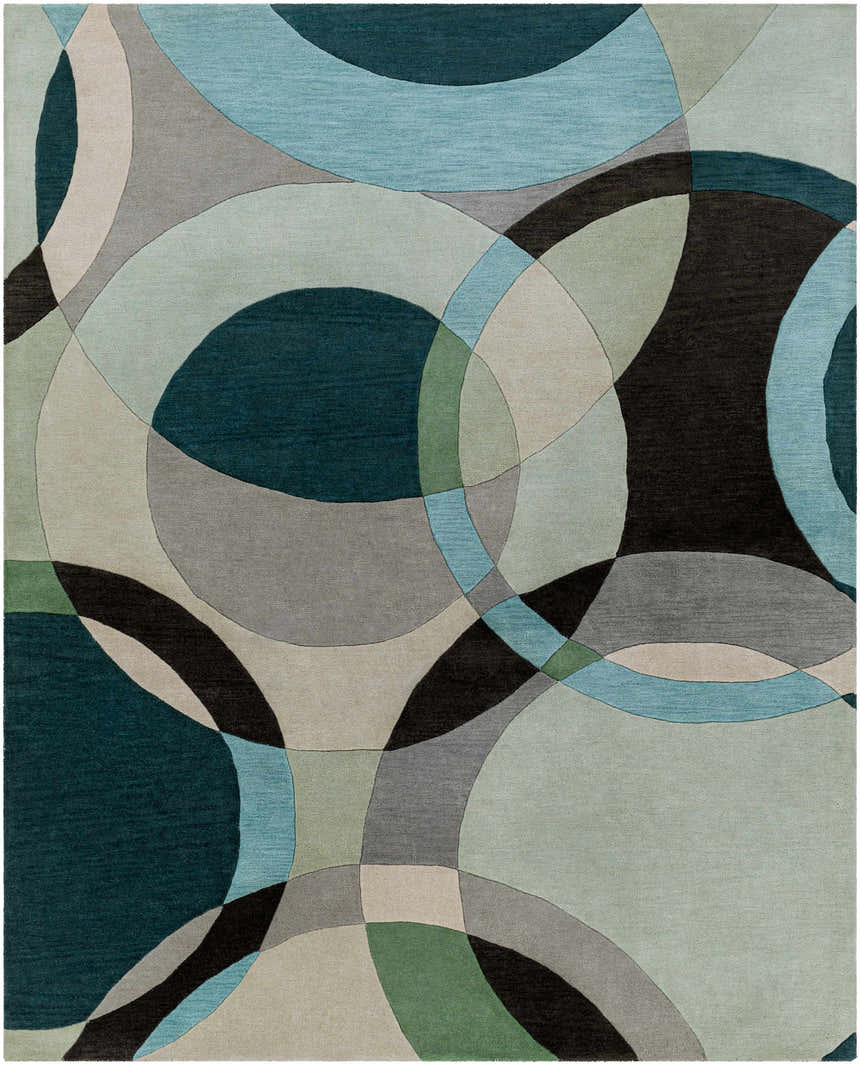 Close-up of the Wyocena Wool Rug. Hand-tufted rug with a contemporary circle pattern in aqua, black, gray, and green hues. Design-Rectangle-7696
