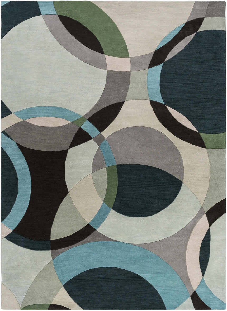 Wyocena Wool Rug with overlapping circles in aqua, black, gray, navy, and green hues. Contemporary, hand-tufted design. Design-Rectangle-811