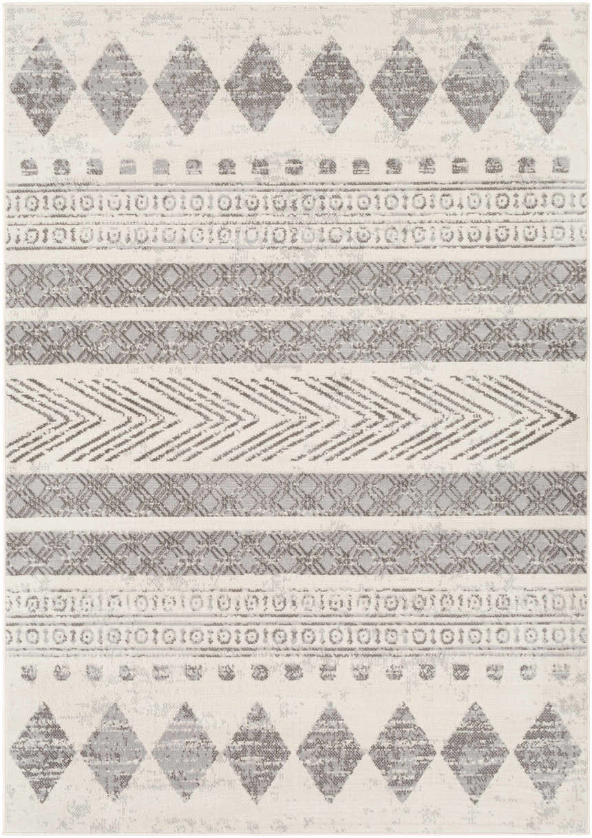 Close-up of the Wyoming Area Rug featuring a gray and off-white geometric pattern. Bohemian style. Design-Rectangle-57