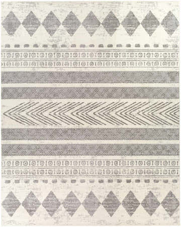 Close-up of the Wyoming Area Rug featuring a gray and off-white geometric, bohemian-inspired pattern. Design-Rectangle-71010