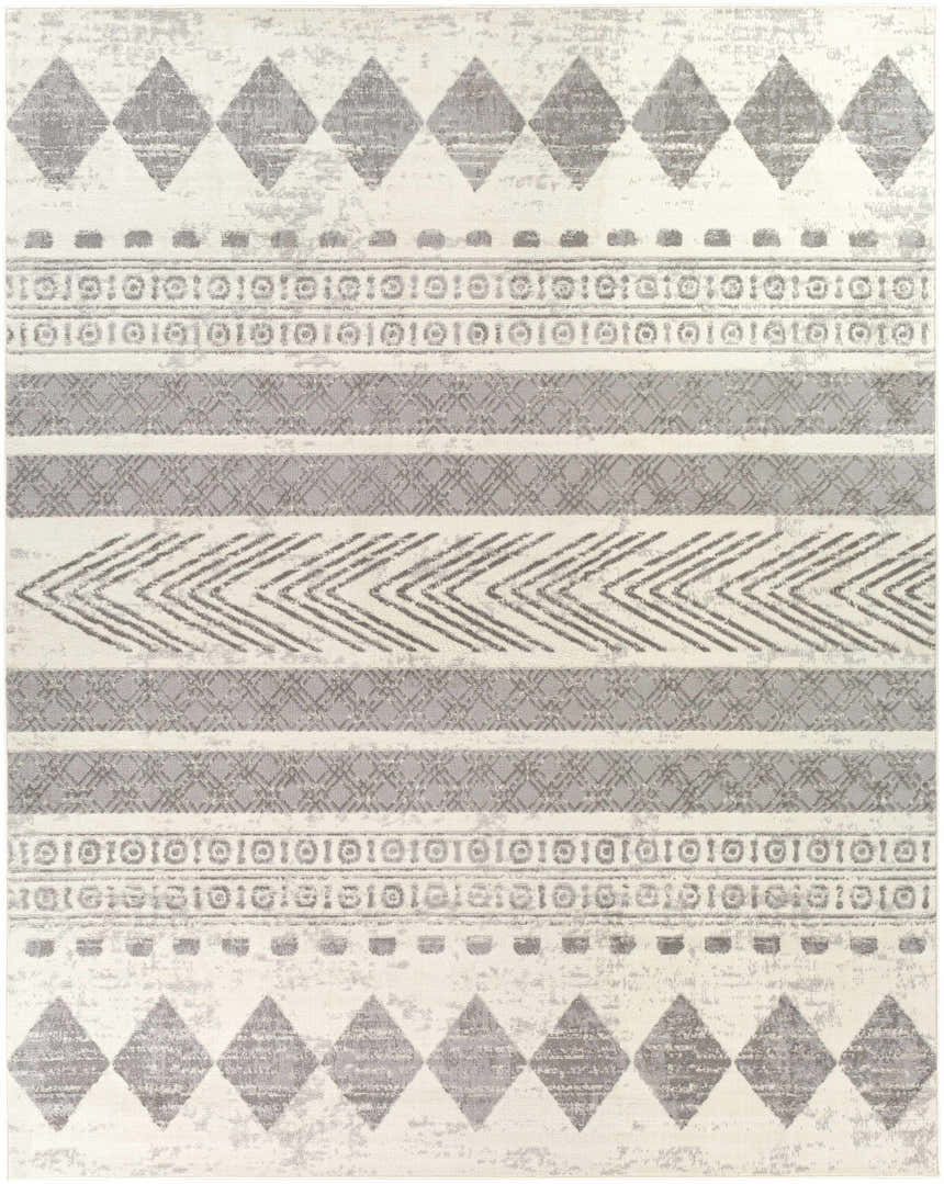 Close-up of the Wyoming Area Rug featuring a gray and off-white geometric, bohemian-inspired pattern. Design-Rectangle-71010
