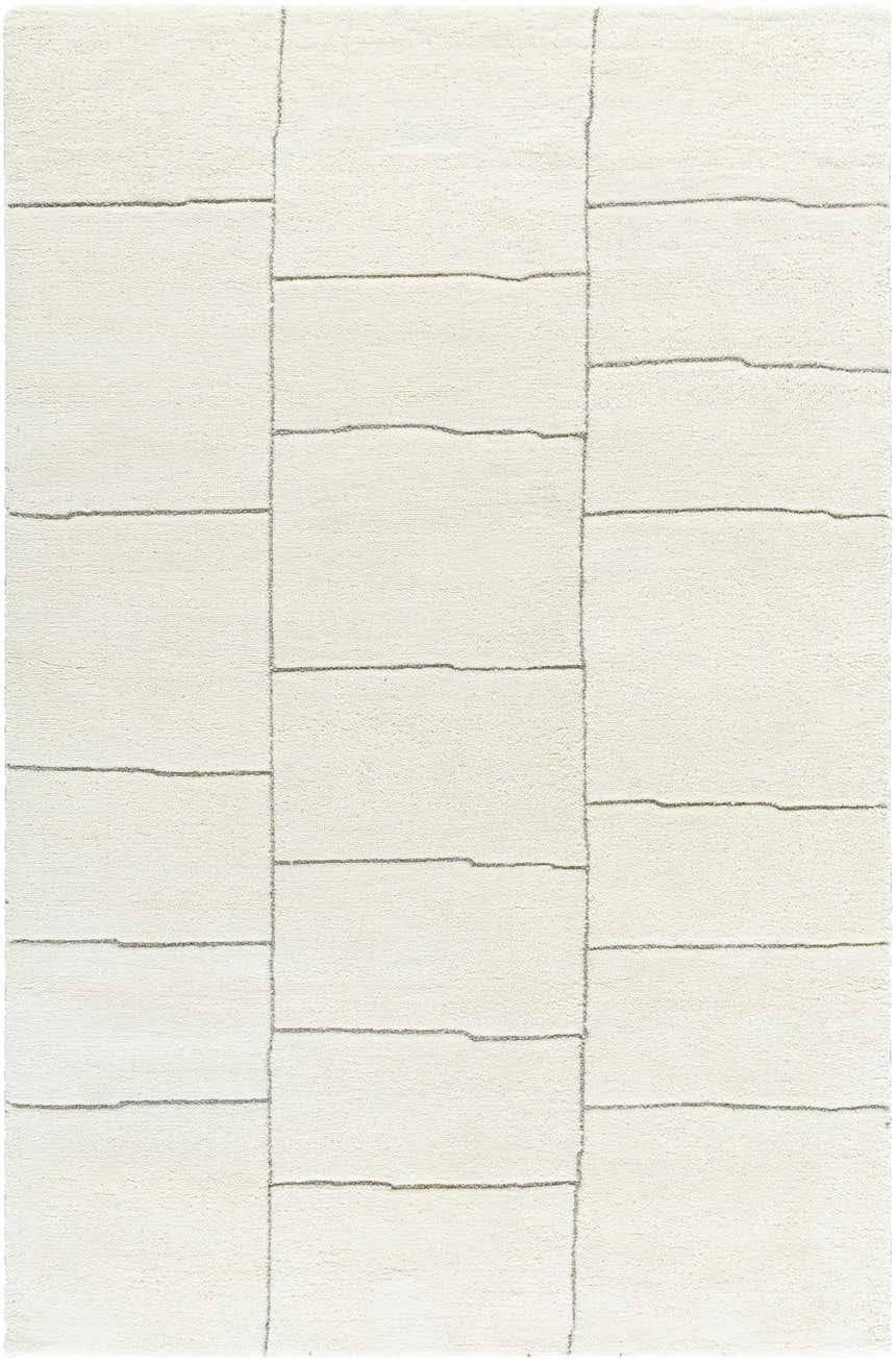 Close-up of the Xylia Charcoal Area Rug. Off-white wool rug with a contemporary block pattern and light silver accents. Design-Rectangle-576