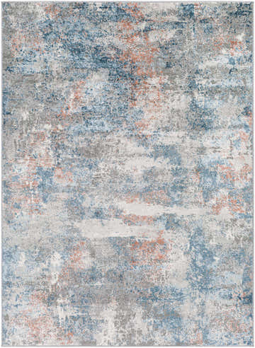 Close-up of the Yakutiye Area Rug. Abstract design with dusty coral, gray, light blue, and rust colors. Contemporary style. Design-Rectangle-537