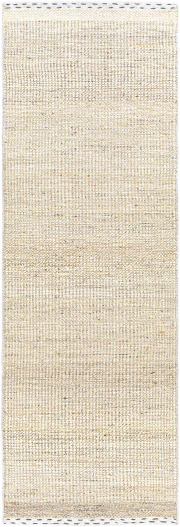 Close-up of the Yaniklar Beige Flat Woven Wool Rug, showing its textured weave and neutral colors: beige, brown, and gray. Design-Runner-268