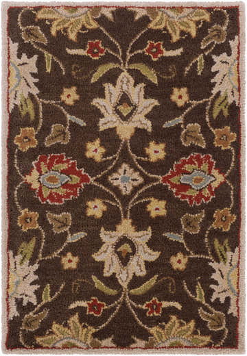 Close-up of the Conesus Hand Tufted Brown 1051 Area Rug. Features a traditional floral pattern in brown, red, beige, and green tones. Design-Rectangle-23