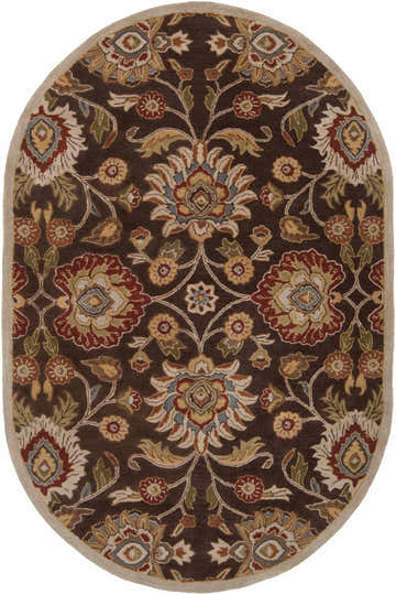 Close-up of the oval Conesus Hand Tufted Brown 1051 Area Rug. Features a floral design in brick red, brown, and beige tones. Design-Oval-69