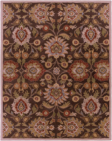 Detailed floral pattern on the brown Conesus Hand Tufted 1051 Area Rug. Bohemian style with brick red, olive, and beige accents. Design-Rectangle-7696