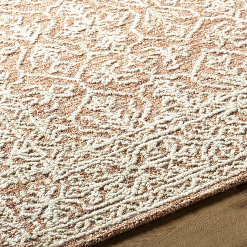 Close-up of the Yadid Brown Wool Area Rug showing its tan and pearl traditional pattern and hand-tufted texture. Texture