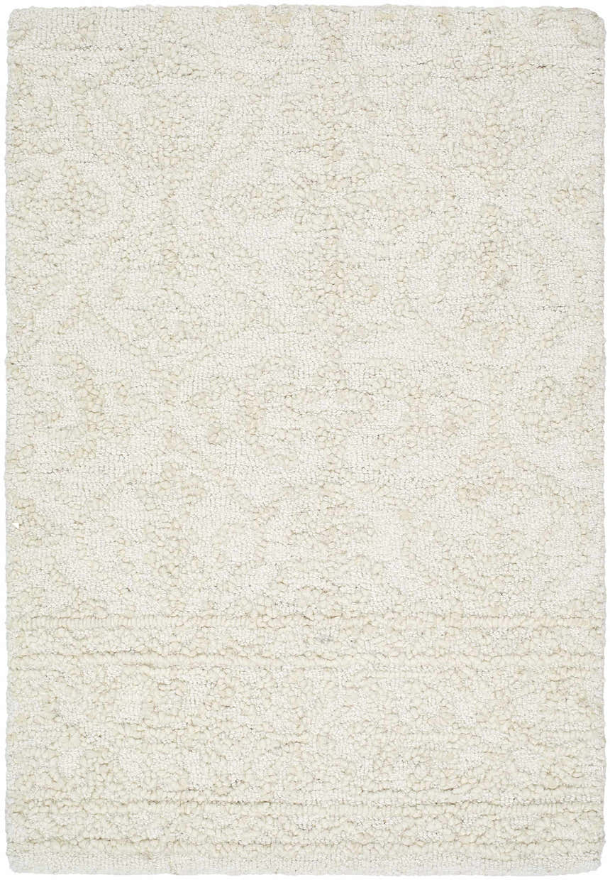 Close-up of the hand-tufted Yadid Cream Wool Area Rug, showing the ash and pearl tones and textured farmhouse design. Design-Rectangle-23