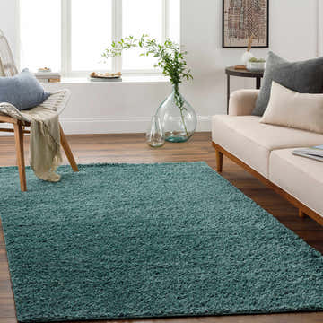Living room scene with a green Youghal Area Rug, beige sofa, wood floors, and natural light from a window. Roomscene-Rectangle