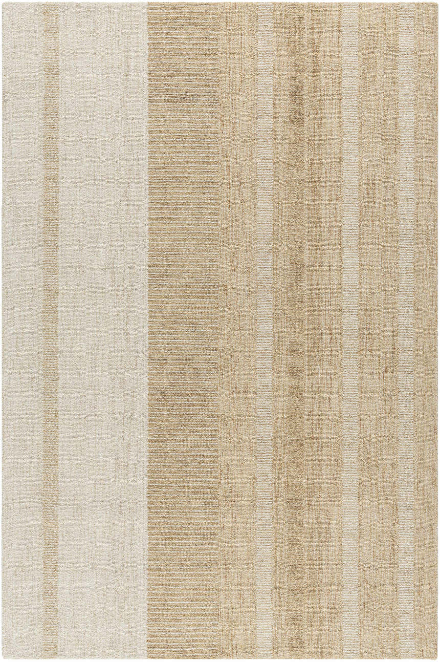 Close-up of the hand-tufted Yoyko Area Rug. Neutral ash, pearl, prairie dust, and tan stripes. 100% wool texture. Design-Rectangle-576