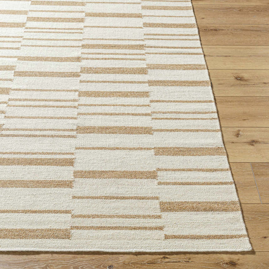 Close-up of the hand-woven Zofia Area Rug. Camel and pearl stripes on a contemporary wool rug. Front