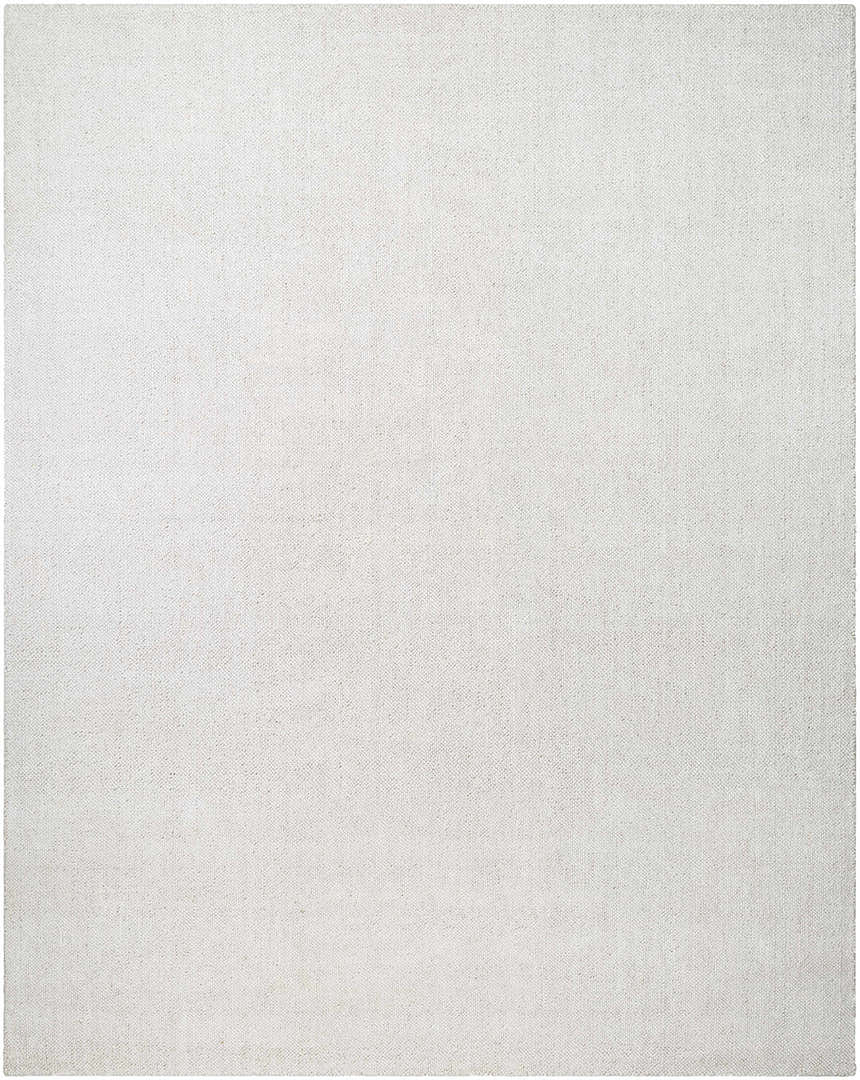 Close-up of the hand-loomed Zareh Off White Solid Area Rug, showcasing its light silver color and subtle texture. Design-Rectangle-810