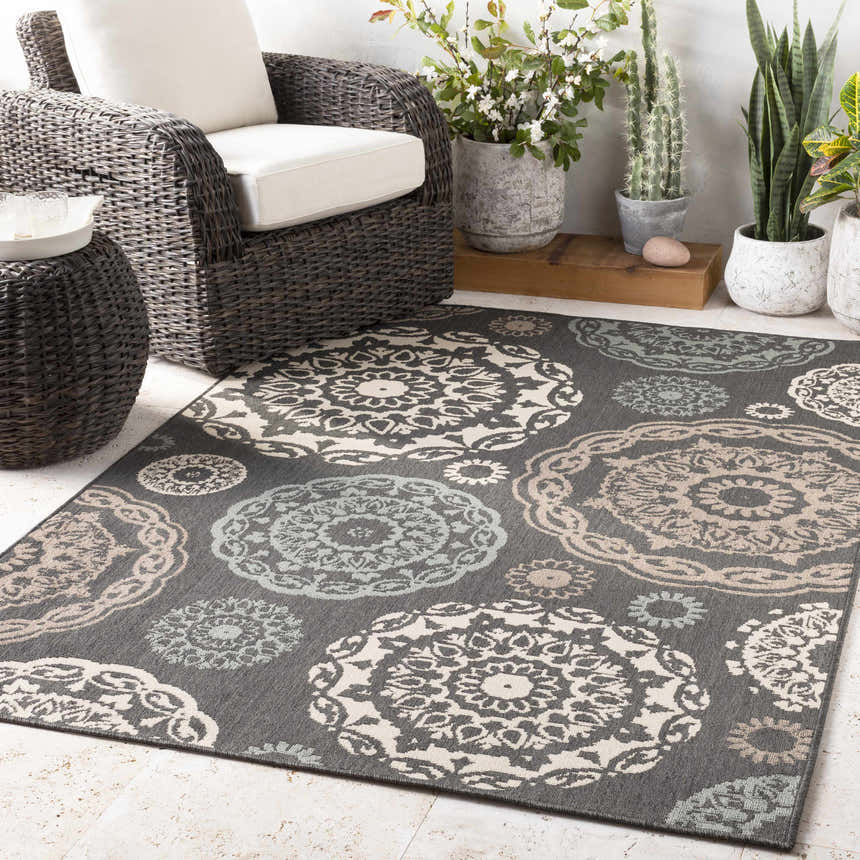 Outdoor patio scene with Zephyrhills Area Rug, wicker chair, side table, and potted plants. Roomscene-Rectangle