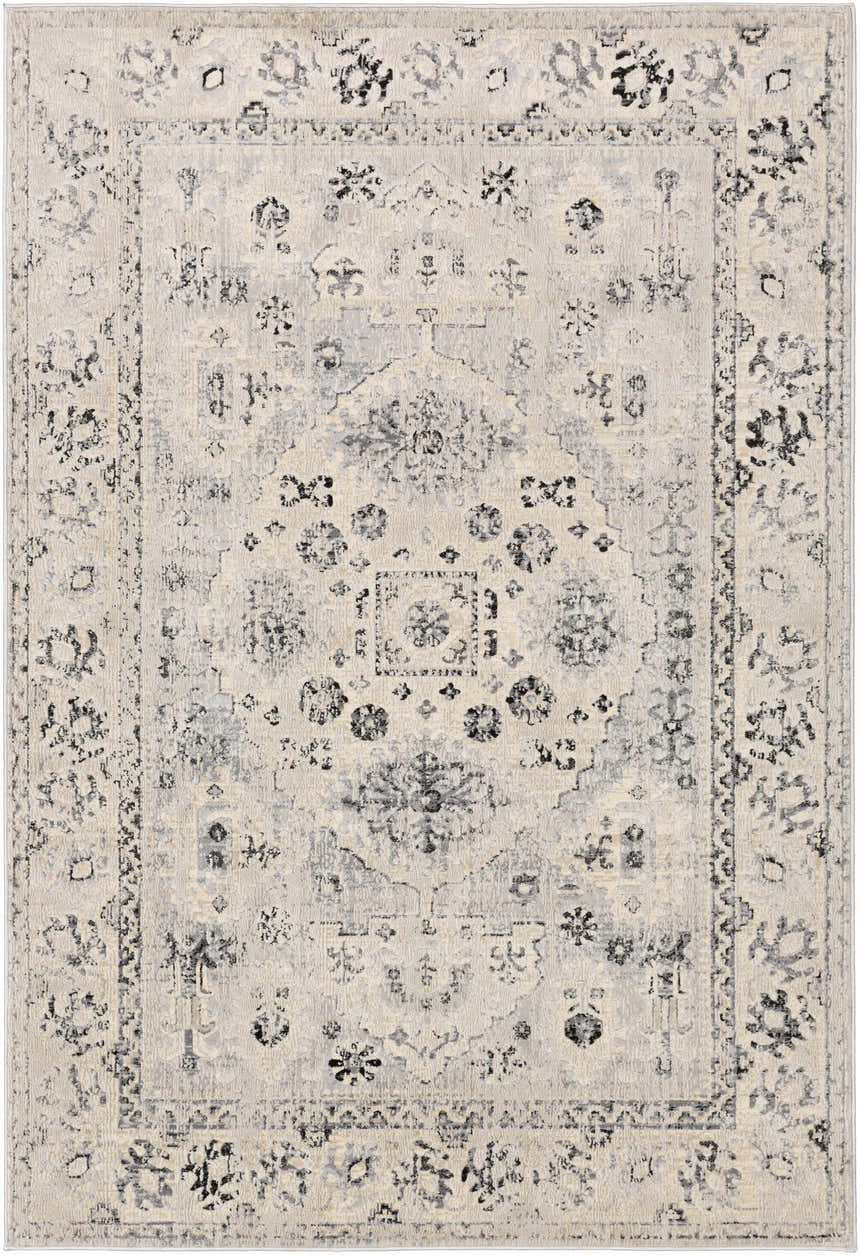 Zephyr Area Rug, a machine-woven runner with a traditional black, charcoal, and taupe floral pattern. Design-Rectangle-5373