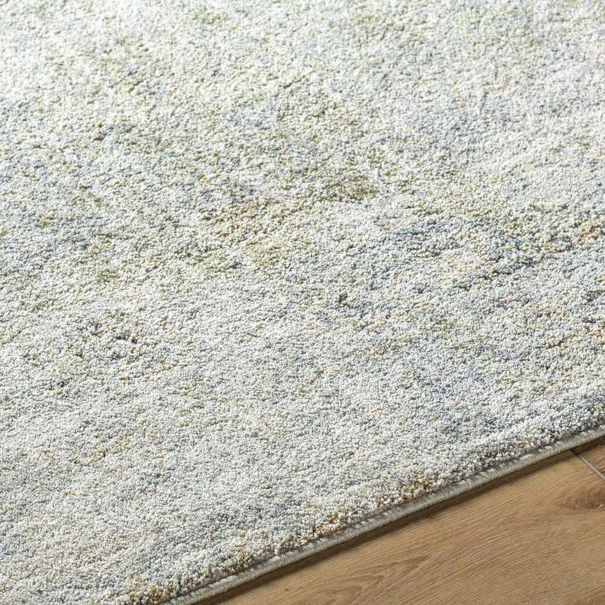 Close-up of the Zetna Thick Luxe Rug, a machine-woven rug with beige, gray, light gray, olive, and teal tones. Texture