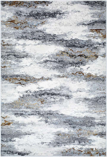 Close-up of the Zelia Area Rug. Southwestern style rug with charcoal, brown, denim, taupe, and white abstract pattern. Design-Rectangle-537