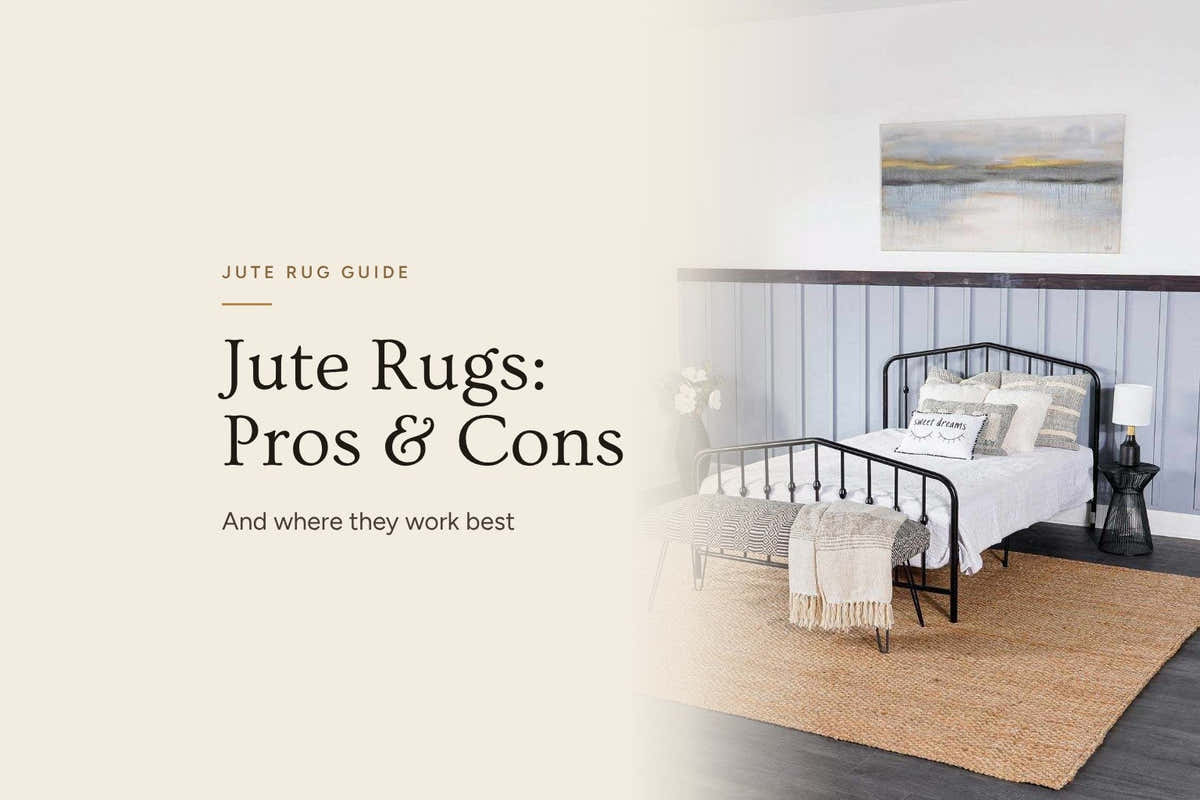 Herndon braided jute rug under a black metal bed in a light bedroom, beside the title Jute Rugs: Pros & Cons