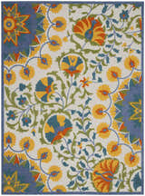 Close-up of the Nourison Aloha Multicolor Transitional Area Rug. Features a floral pattern with yellow, blue, green, and orange hues.