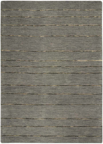 Close-up of the Calvin Klein Halo Charcoal rug. Modern wool rug with a taupe stripe design and subtle texture.