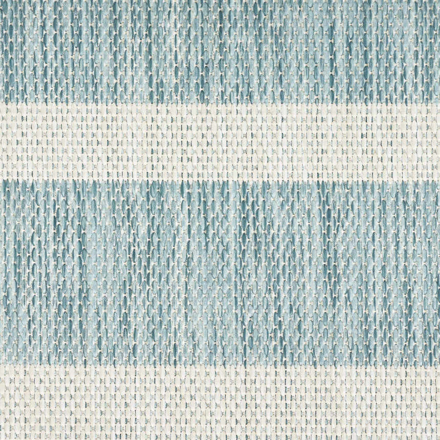 Close-up of the woven texture of the Nourison Positano Aqua Ivory Area Rug with blue and ivory stripes.