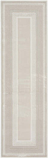 Close-up of the Nourison Glitz Ivory rug. Features a geometric pattern and chestnut accents on a soft polyester texture.