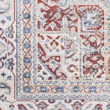 Close-up of Nourison Vintage Home Ivory Red Bohemian Area Rug, showcasing its chestnut, blue, and ivory geometric pattern.