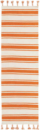 Close-up of Nourison Rio Vista Ivory/Orange rug with horizontal stripes and tassels, handmade wool runner.