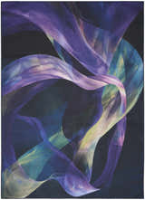 Abstract Nourison Blue Multicolor rug. Modern design with purple, blue, and yellow flowing shapes on a dark background.