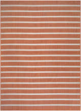 Close-up of Nourison Positano Terracotta Ivory rug with horizontal stripes in chestnut and ivory. Modern design.